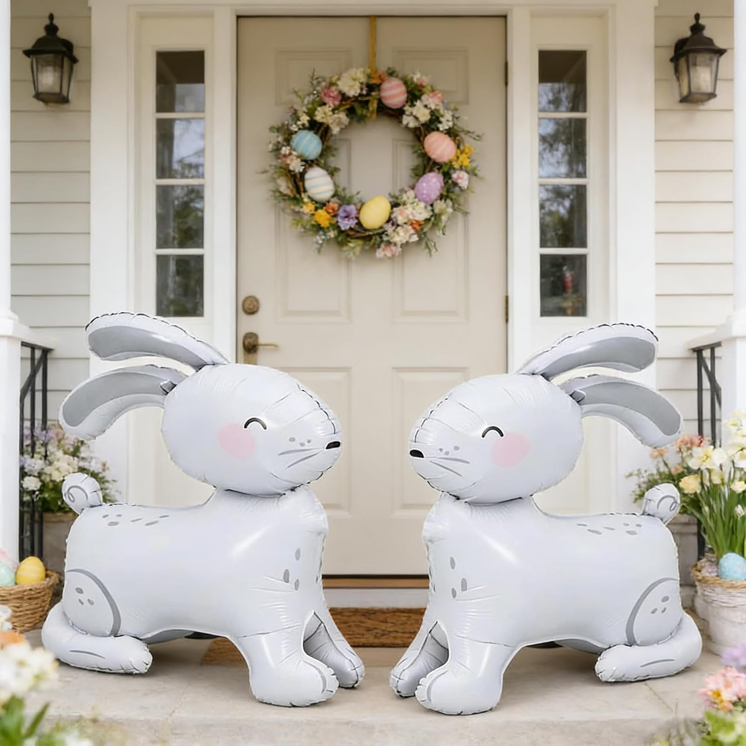 Soochat 2Pcs Bunny Balloons, 4D Realistic Self Stand Rabbit Foil Mylar Balloons, Forest Woodland Bunny Walking Animal Balloon for Easter Birthday Baby Shower Party Decorations Supplies