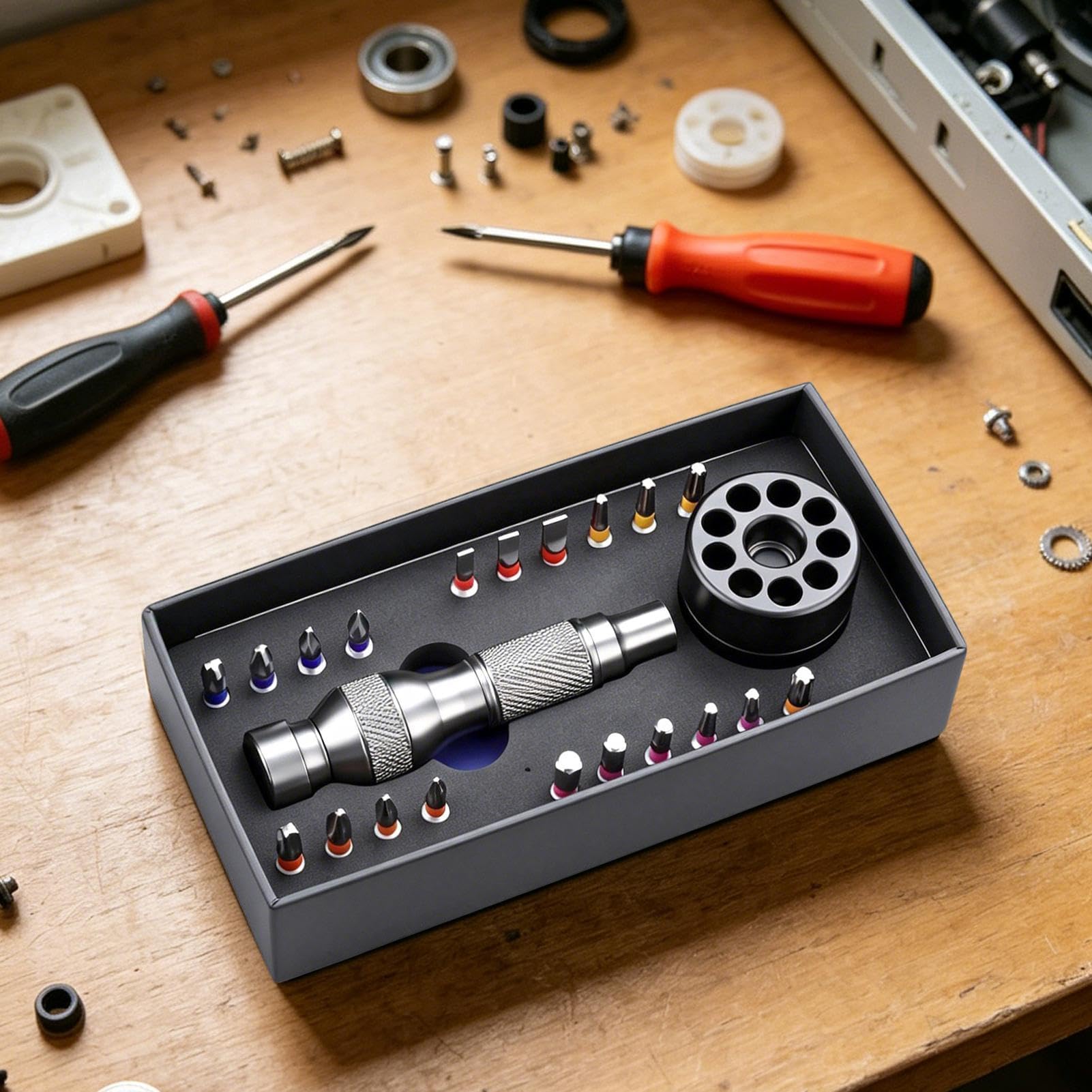 Juego de puntas de destornillador – Puntas magnéticas de precisión | con base de almacenamiento, mango ergonómico, para electrónica, metal, muebles, cámara, teléfono, tableta, gabinete