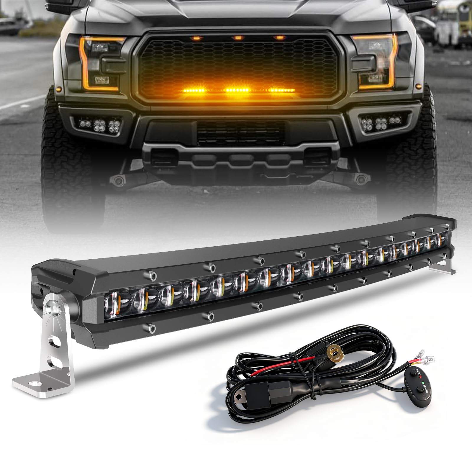 Photo 1 of [Curved] [White & Amber Strobe] 20 inch LED Light Bar, Single Row Slim LED Bar for ATV UTV Car Truck Off-Road, Driving Beam + Flashing Chase Light with Wiring Harness