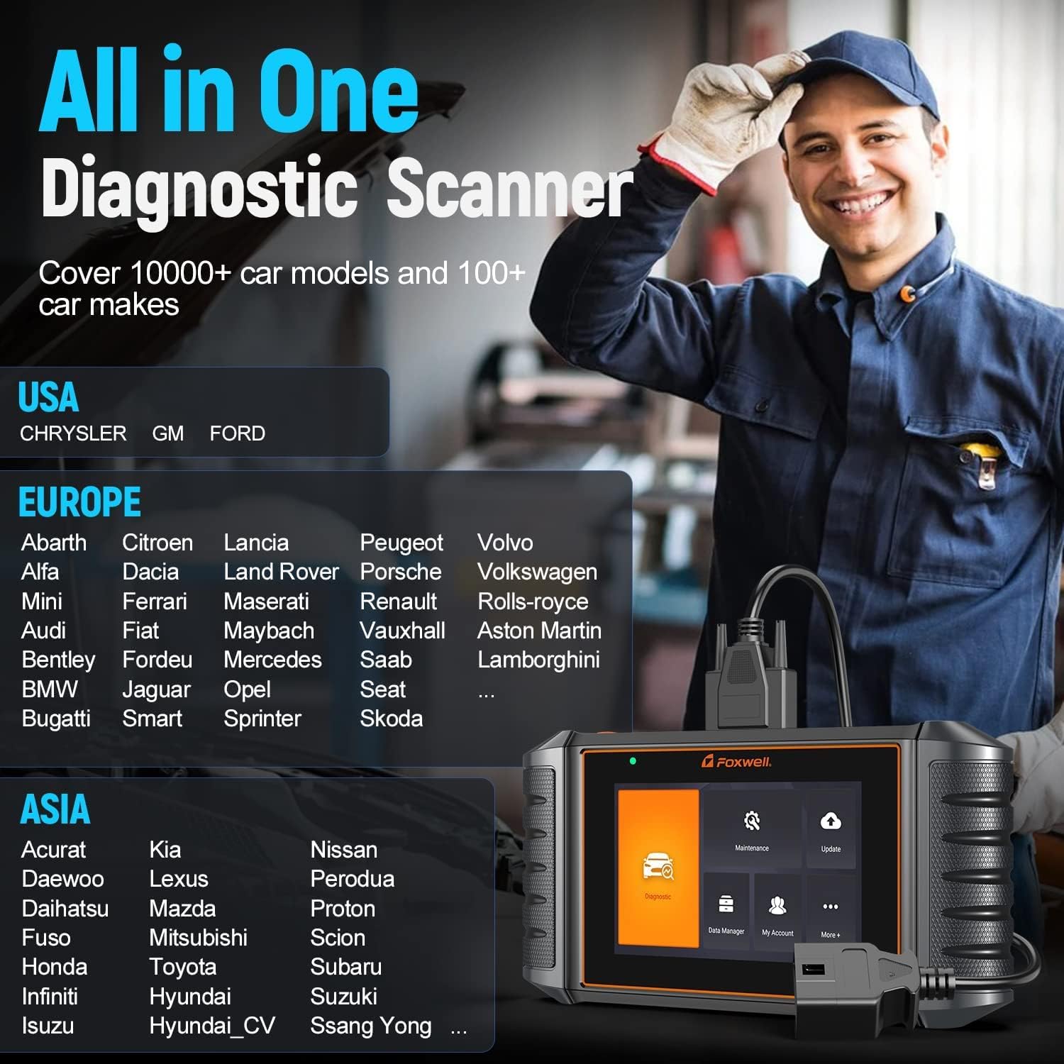 List of car brands supported by the NT726 diagnostic scanner, categorized by USA, Europe, and Asia.