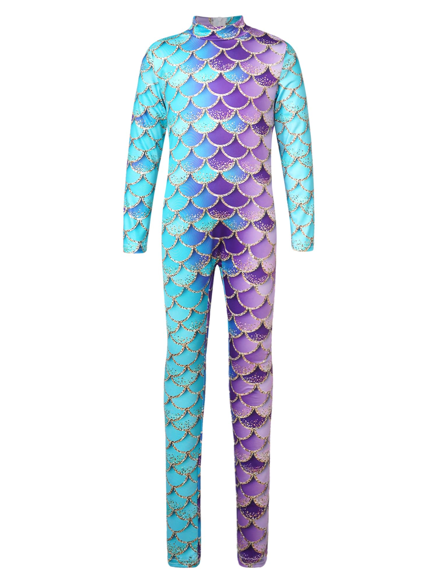 Alvivi Mono Elástico de Sirena para Niña Maillot Manga Larga de Gimnasia Deportiva con Estampado de Escamas de Pescado Disfraz Infantil 5-12 Años
