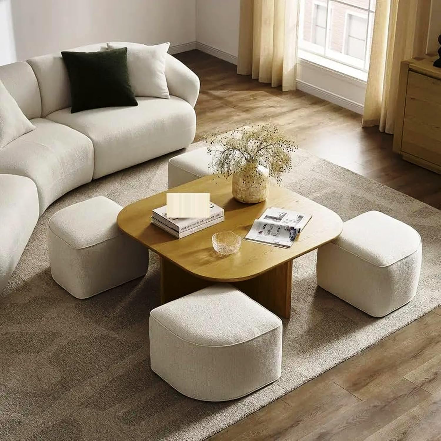 Solid Wood Coffee Table with 2 Stools for Home | Oval Centre Table with Seating Stools | Space Saving Patio Tables with Two Upholstered Puffy Ottoman-image-45