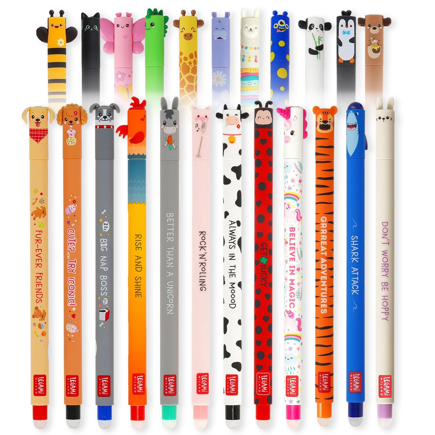 LEGAMI Fur-ever Friends + Farm Sweet Farm Lot de 23 stylos à encre gel effaçable avec encre sensible à la chaleur, encre colorée et motifs sur le thème des animaux, pointe de 0,7 mm, chiens et animaux