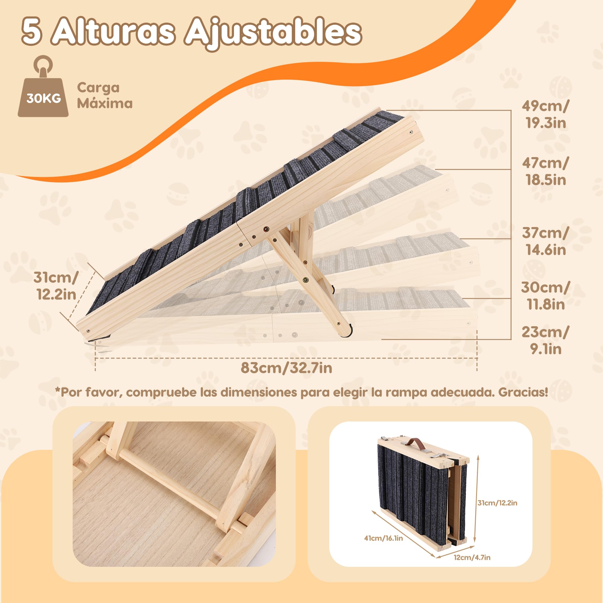 Rampa para Perros Plegable, 5 Alturas Ajustables, Madera Maciza