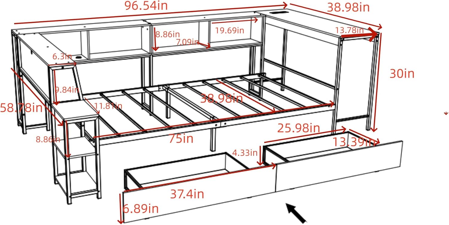 Bellemave Twin Corner Bed Frame with Desk and Storage, Twin Size Captains Bed with Charging Station and LED Light, Wood Daybeds with L-Shaped Bookcase and 2 Drawers, White