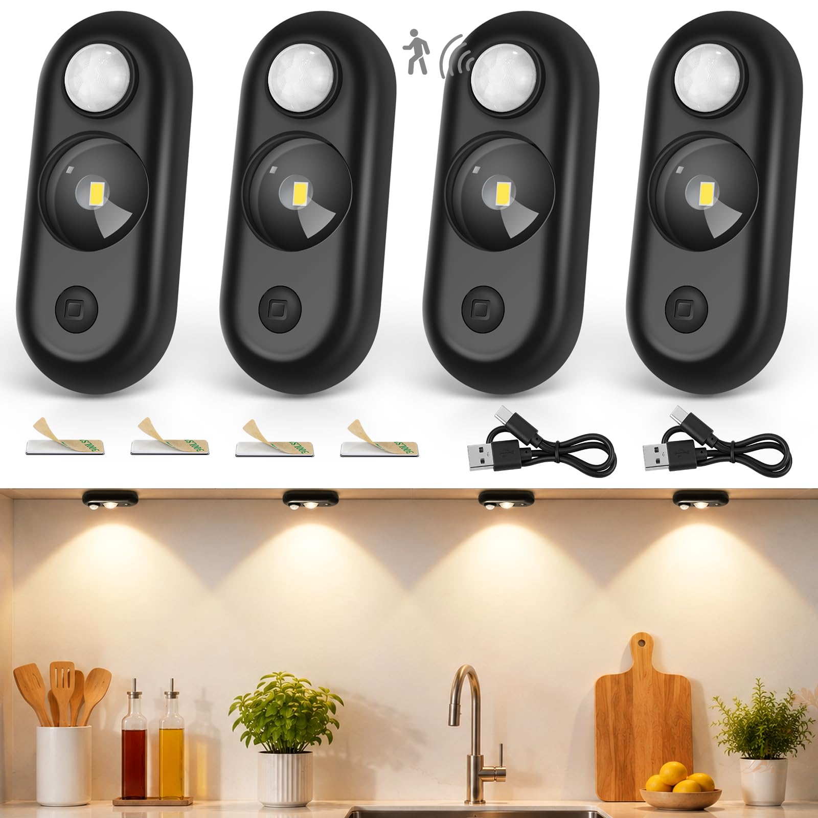 LED Motion Sensor Puck Lights 6 Pack, Rechargeable Wireless Cabinet Lights, Dimmable Magnetic Stick-On LED Night Lights, Black Under Cabinet Lighting for Closet, Stairs, Drawer, Shelf, Warm White