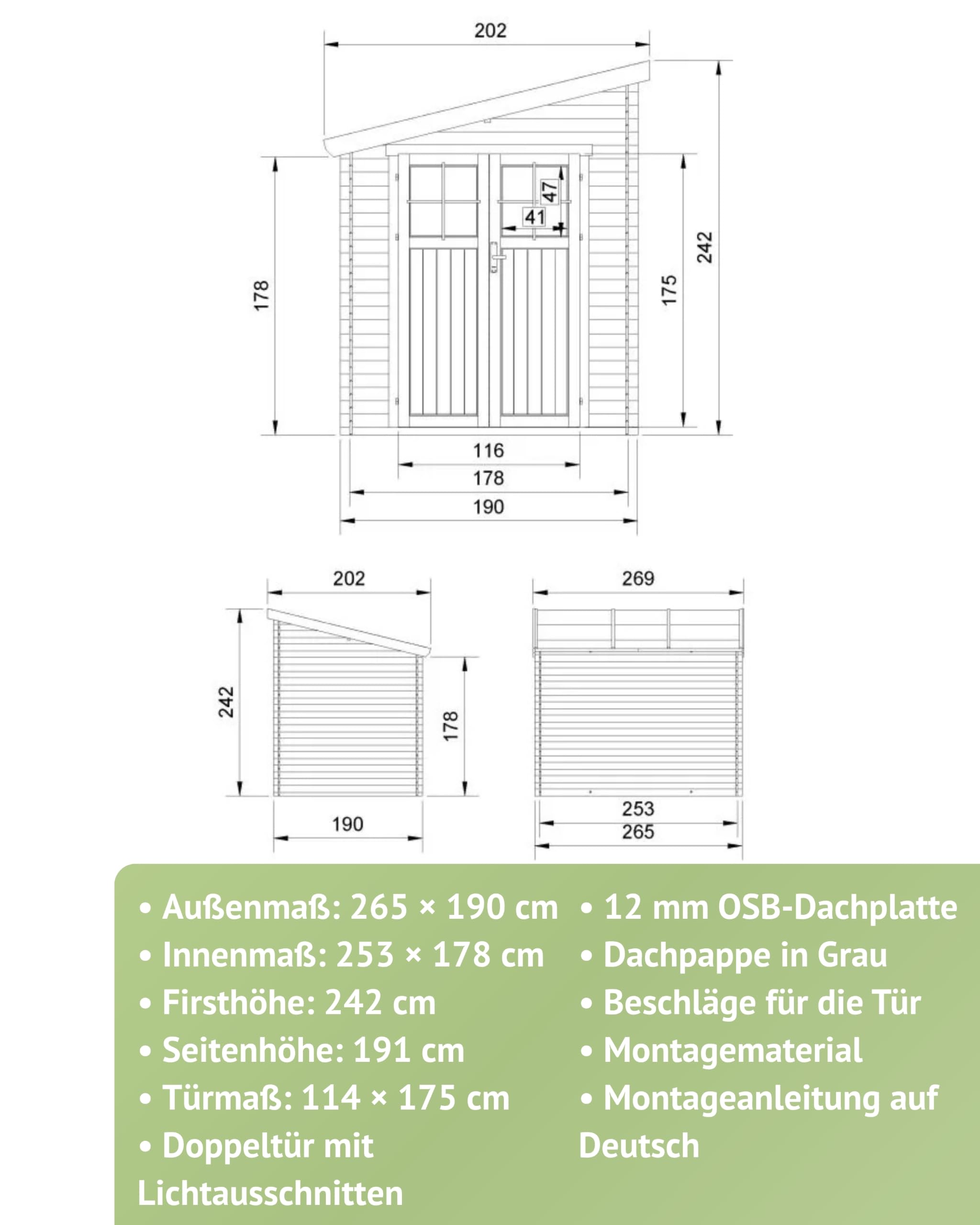 Gartenhaus Wels - 2,65-1,90 Meter aus 19 mm Blockbohlenhaus