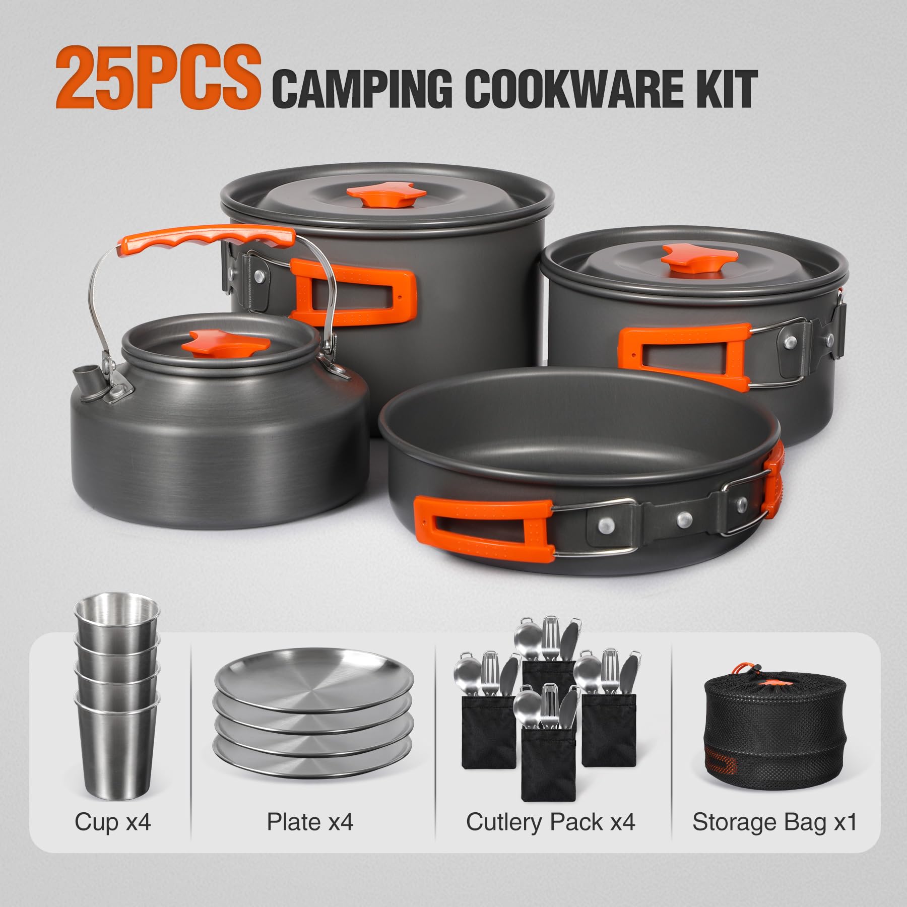 REDCAMP 12/14/15/19 PCS Camping Cookware Mess Kit Camping Gear Campfire Utensils Lightweight Stackable Pot Pan Bowls Soup Spoon with Storage Bag for Camping, Backpacking, Outdoor Cooking, Picnic