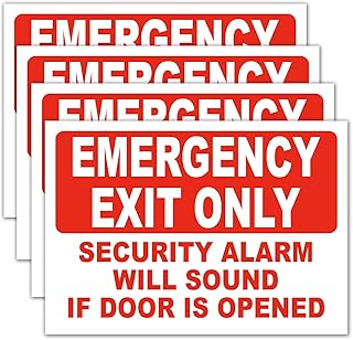 4 Emergency Exit Only Sticker Sign, "Emergency Exit Only - Security Alarm Will Sound If Door Is Opened" Label,4 Self Adhesive Vinyl Decal Stickers, 10" x 7"