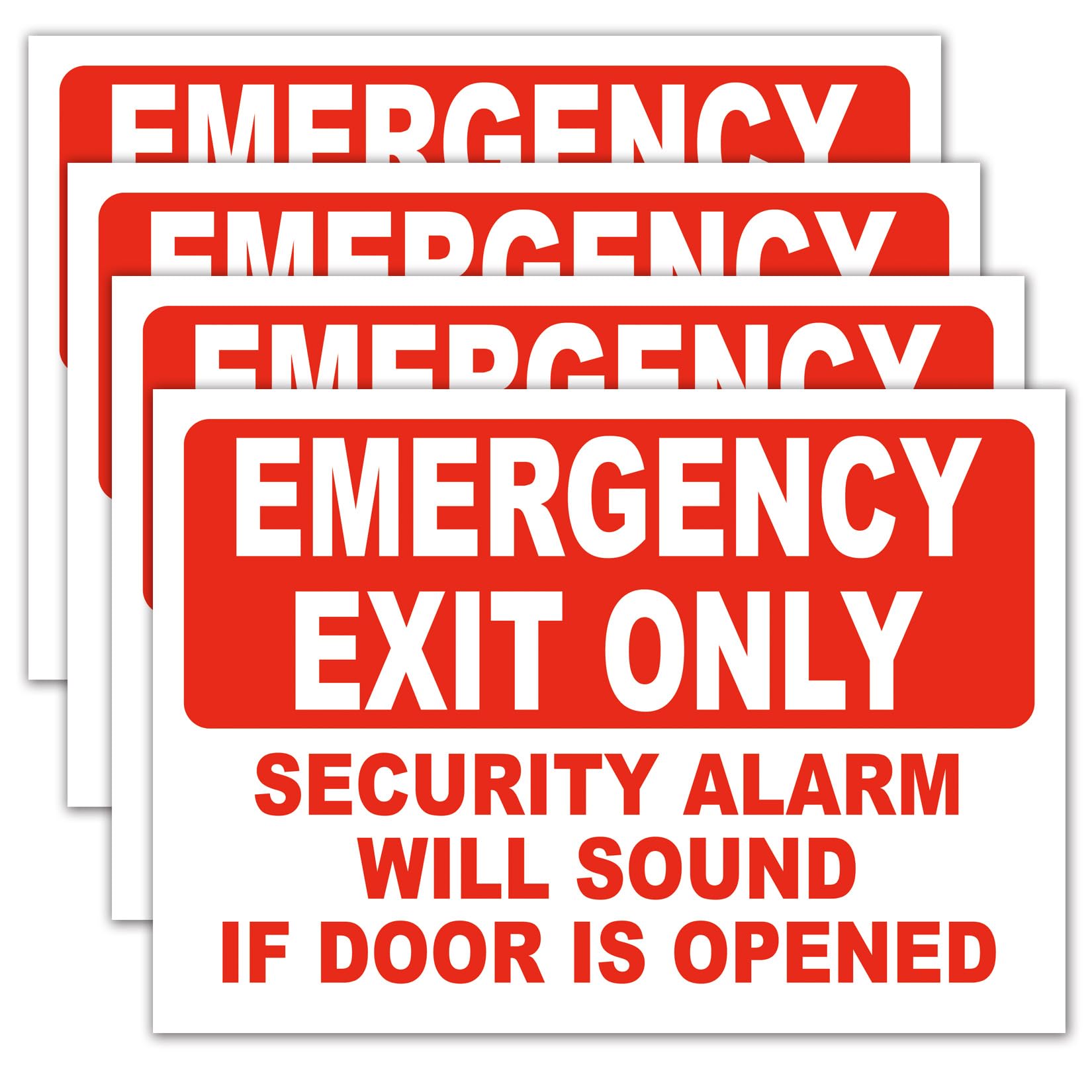 4 letreros adhesivos con texto en inglés "Emergency Exit Only - Security Alarm Will Sound If Door Is Opened", 4 pegatinas de vinilo autoadhesivas, 25,4 x 17,8 cm