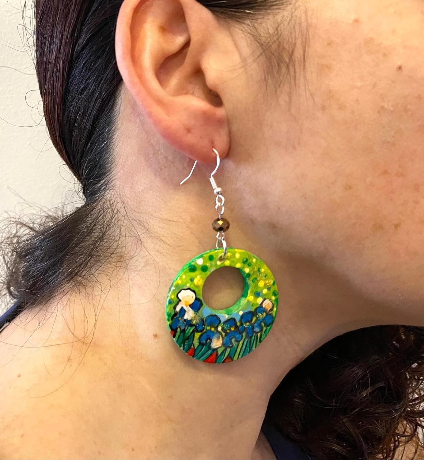 Boucles d'oreilles peintes à la main - L' IRIS TABLEAU CÉLÈBRE - Boucles d'oreilles pour femmes, Bijoux en bois peint, Crochet en argent, Made in Italy, Bijoux, Artisanat