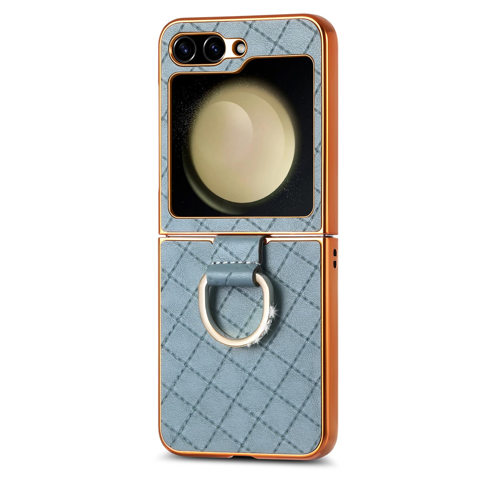 HAZARA Ultra cienkie etui do Samsung Galaxy Z Flip 5, błyszczące metalowe etui na pierścień, stylowa ochrona pleców z reliefem, luksusowe platerowane krawędzie, odporne na wstrząsy, niebieskie