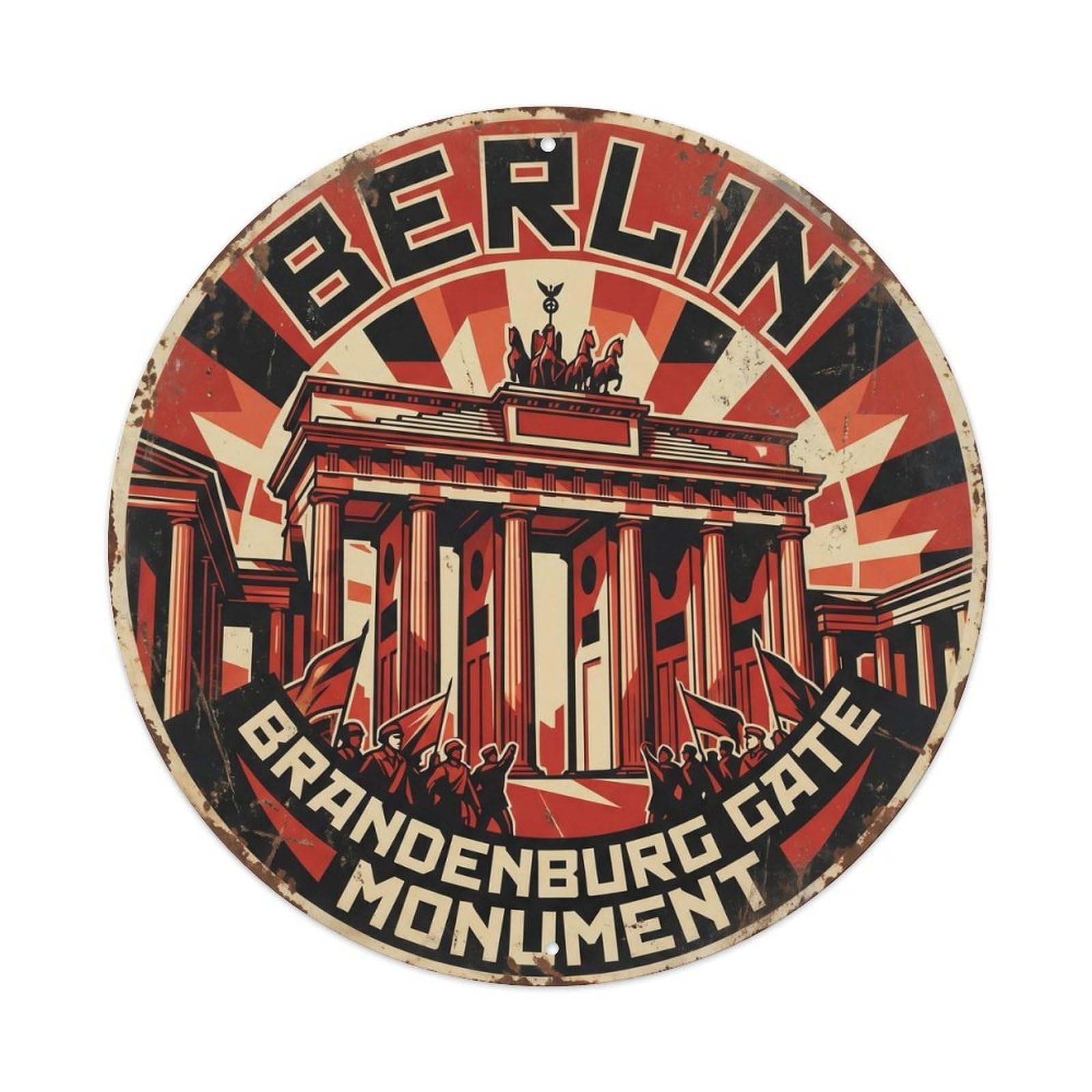 Vintage Travel Brandenburg Berlin Gate Metal Tin Sign Plaque Wall Decor for Cafe, Club, Garden Round Metal Poster 8x8Inch