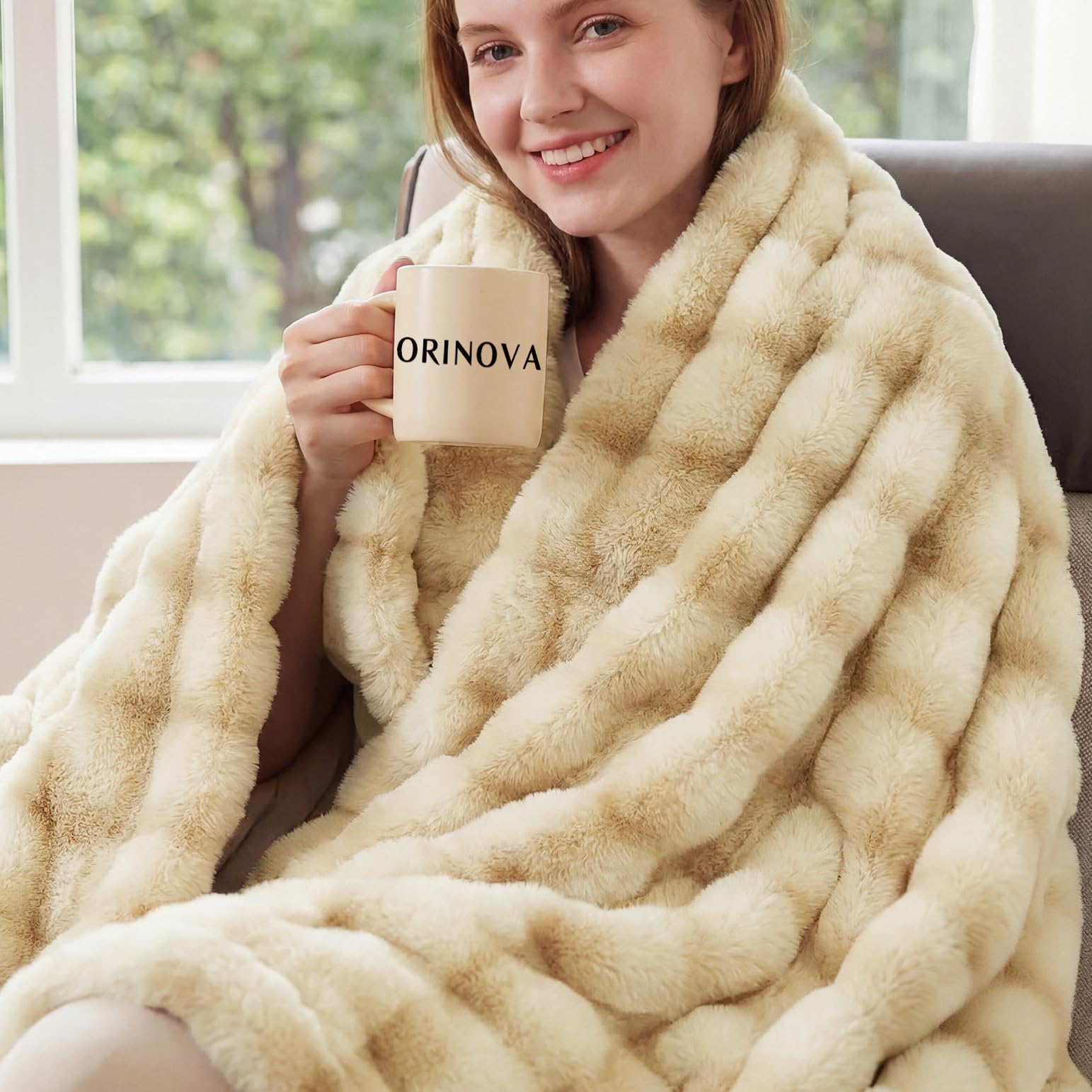 Orinova Tie-Dye Camel Faux Fur Rabbit Thick Throw Blanket For Couch Living Room 50X60 Fluffy Bed Furry Comforter Soft Blanket Best Housewarming Home Gifts 860 Gsm