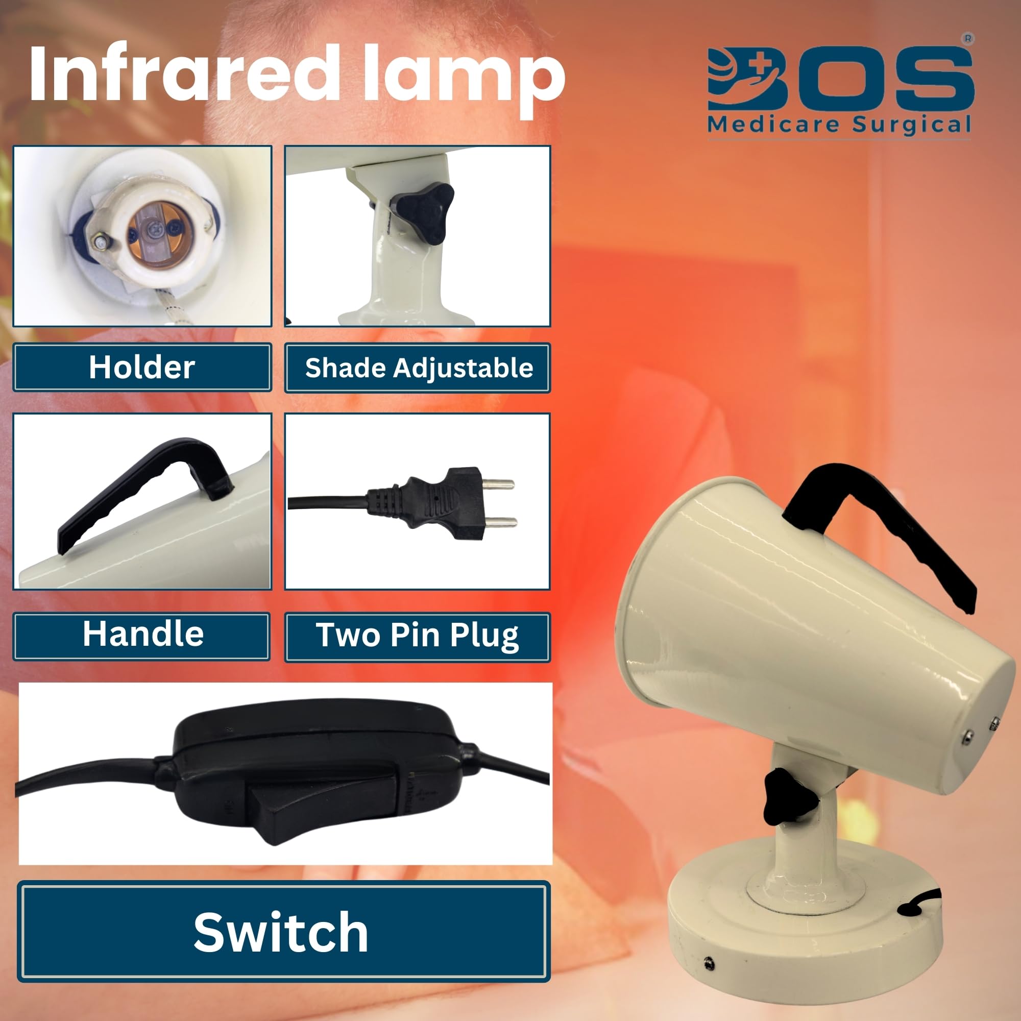 BOS MEDICARE SURGICAL Electric Infrared Heat Lamp 150W | IR Therapy Lamp for Pain Relief Ortho, Muscle, Joint, Knee & Back | Physiotherapy & Home Use IR Bulb 230V (Model 12-A) 1