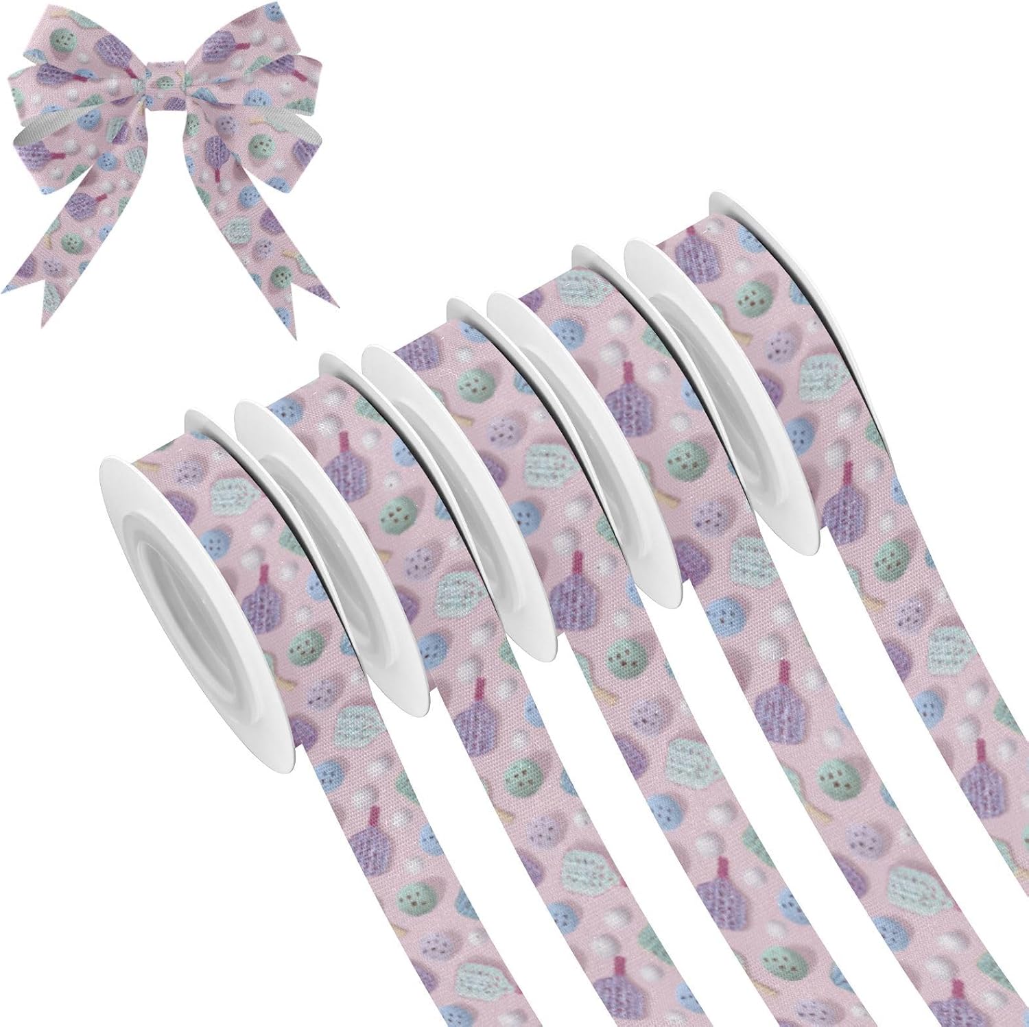 Pastel Pickleball Paddle Ball Ribbon 5 Rolls Decorative