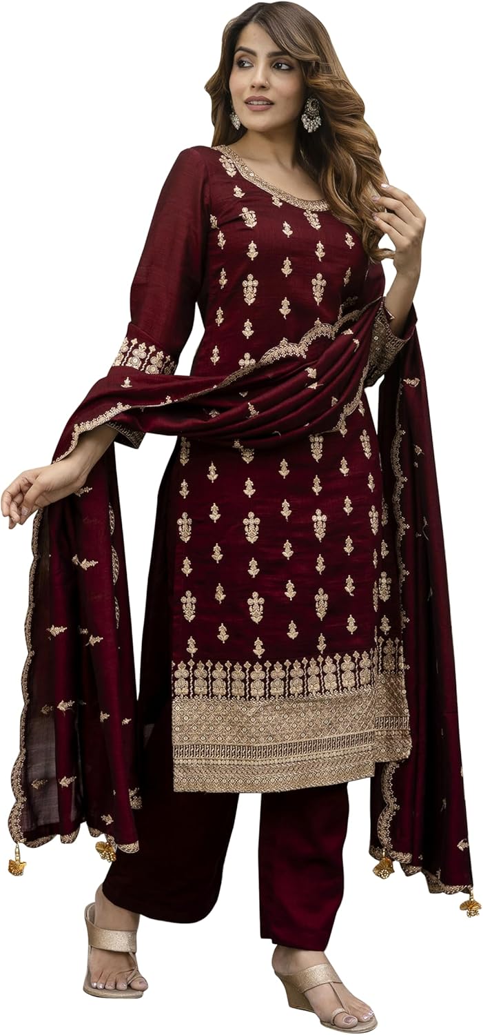 TRENDMALLS Women's Art Silk Embroidery Sequence work Kurta Pant Set with Dupatta Kurta Set for Women