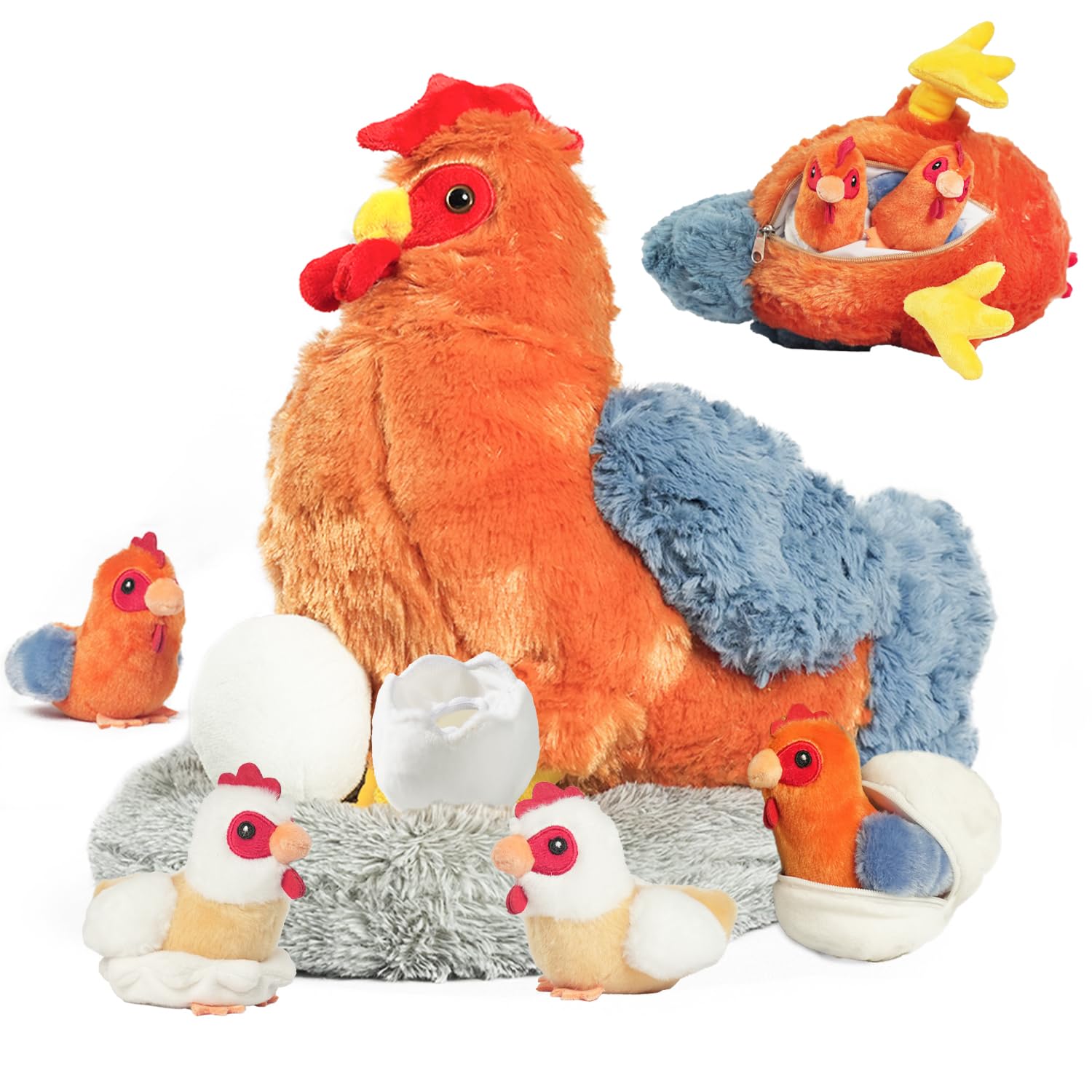 9 in 1 Hen Chicken Plush Stuffed Animal, Stuffed Chicken Plushies Toy with Chicks and Eggs Inside Zippered Belly, Egg Laying Hen in Coop for Kids Boys Girls Christmas Birthday Gift Farm Party