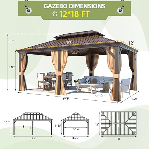 Miniatura 3 de MELLCOM Gazebo de techo rígido de 12 x 18 pies, glorieta de doble techo de metal de acero galvanizado con cortina y red, cenador permanente marrón