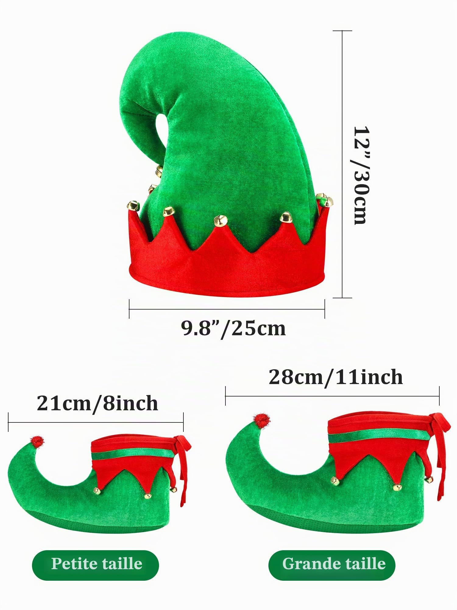 SATINIOR Chaussures et Chapeau d’Elfe de Père Noël Ensemble d'Accessoire de Costume de Noël Rouge Vert (21 cm/ 8 Pouces)