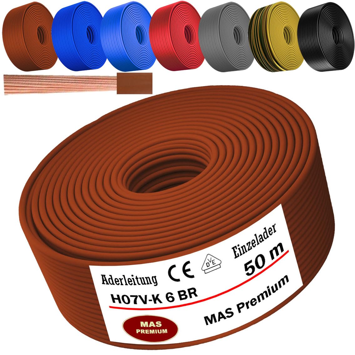 MAS Premium Cable de 5 a 100 m H07 V-K 6 mm² negro, marrón, azul oscuro, amarillo verdoso, gris, rojo, naranja o azul claro, cable individual flexible (marrón, 50 m)