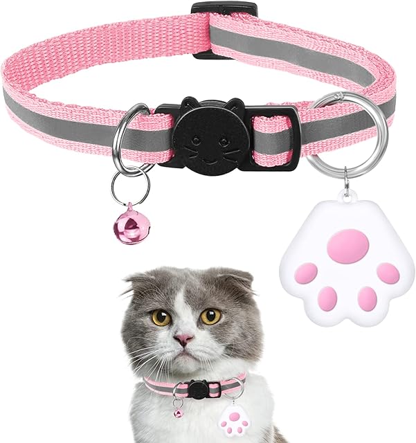 Cat Collars for Airtag, 1 Pack Pink Reflective Cat Collar with Breakaway Buckle And Removable Bell, Adjustable Kitten Collar with Protecetive Case Compatible with Airtag For Pets Kitten Puppy Cat