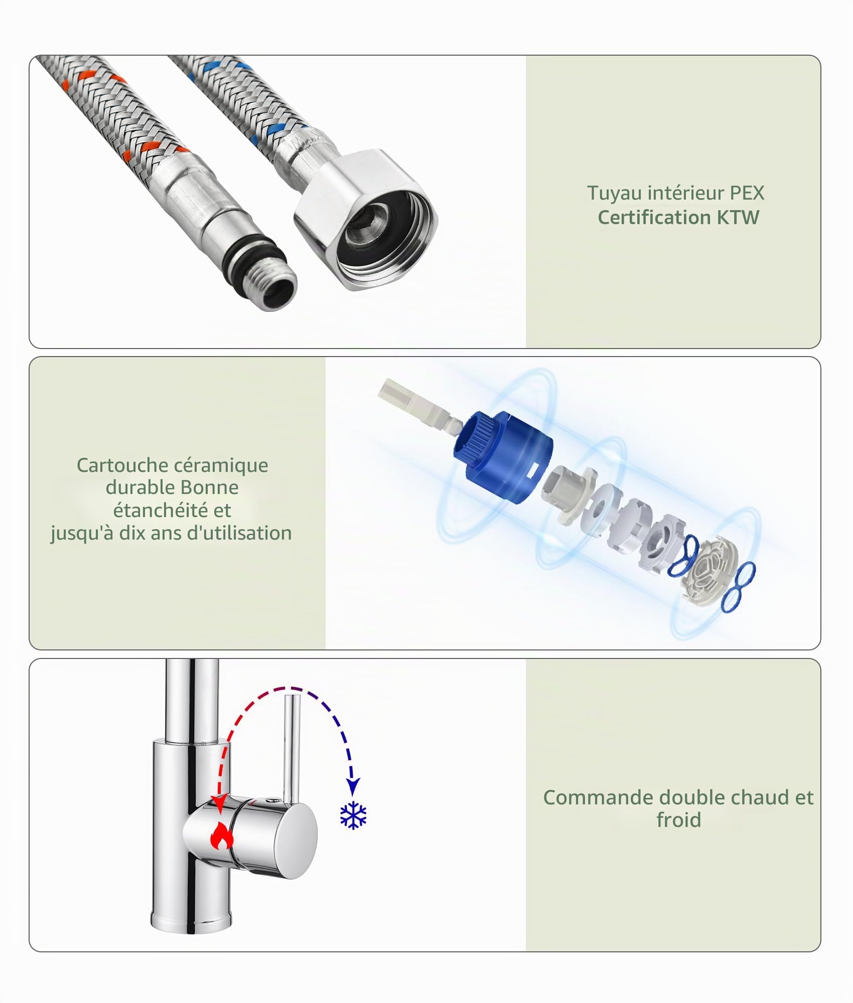 Robinet de cuisine avec douchette extractible pivotant 360° mitigeur haute pression acier inoxydable