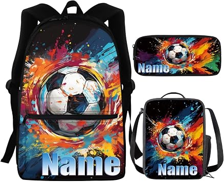 Soccer fortnite Customized Backpack for Boys 8-12 Cool School Backpack Set with Lunch Box and Pencil Bag Large Bookbag Set Back to School Supplies