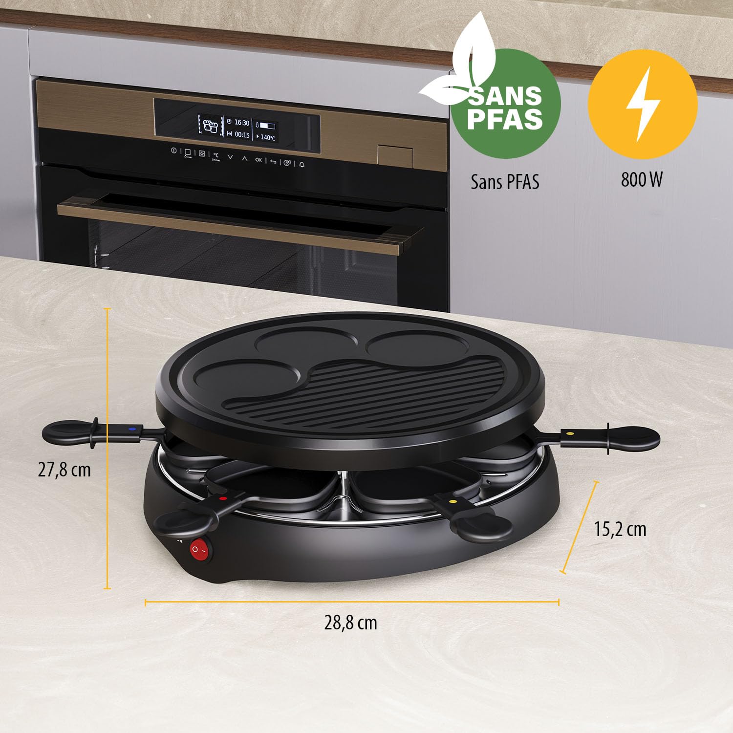 Raclette Tristar pour jusqu’à 6 Personnes, Avec 6 Poêlons et Zone Crêpe et Grill, Ø29 cm, 800 W, Noir, RA-2998