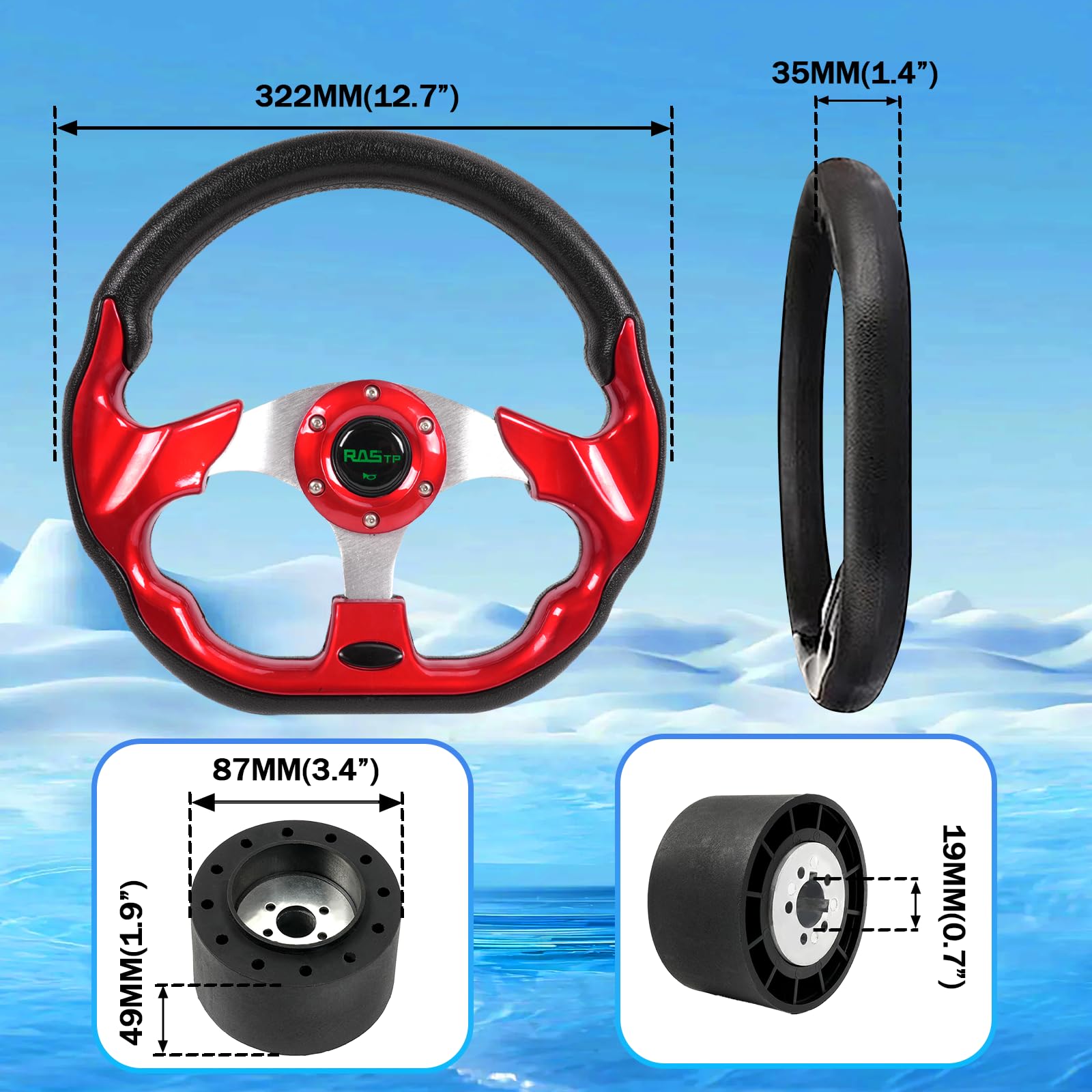 RASTP 32,6 cm (12,6 Zoll) Boots-Lenkrad mit 1,9 cm Achse, Marine-Lenkradadapter für die meisten Marine-Boote, Schiffe, Yachten, Pontons, Boote (rot)
