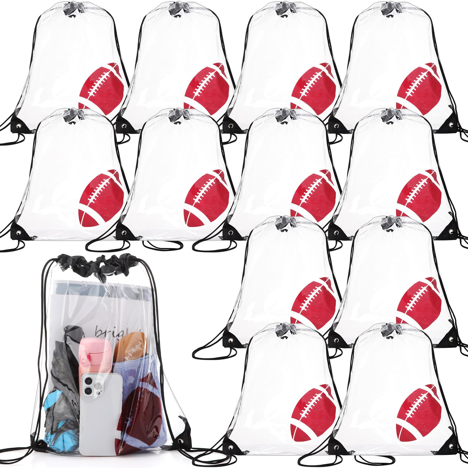 Cholemy 12 Pcs Clear Football Drawstring Bags Drawstring Backpack 17 x 13 Inch Football Gift Bags Goodie Bags Party Favor Bags Waterproof Plastic