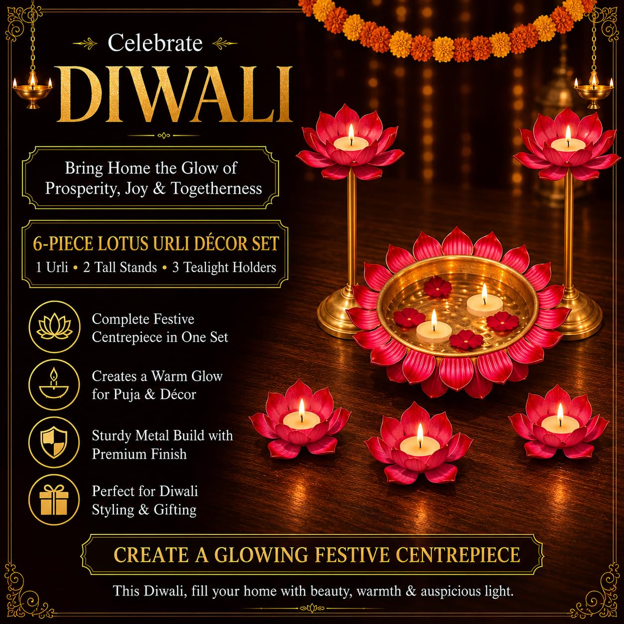 Lotus Urli Bowl Set - Diwali Decor & Wedding Centerpieces -5 Lotus Urli Bowl Set - Diwali Decor & Wedding Centerpieces -5