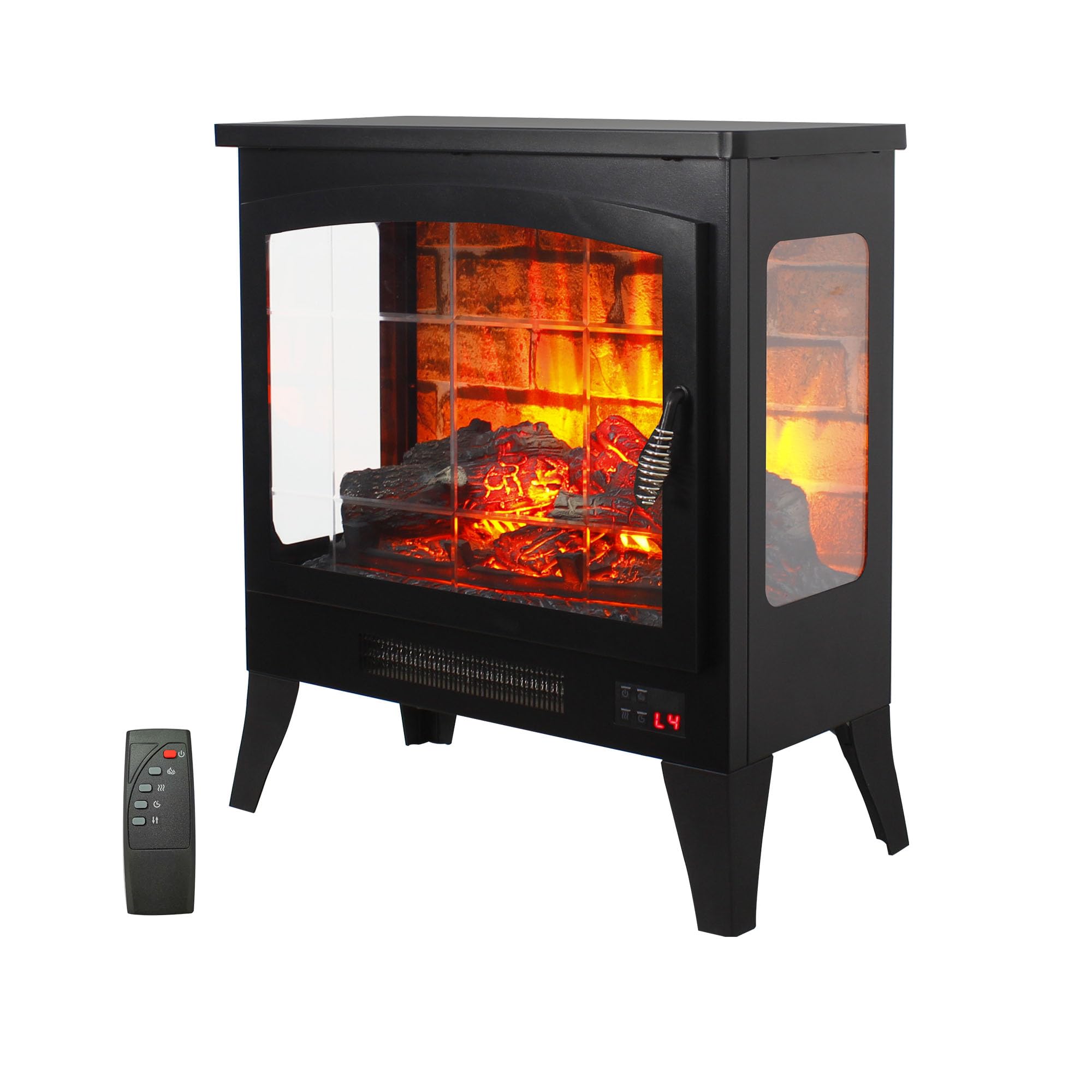 21" Electric Fireplace Heater, 3D Freestanding Electric Fireplace，Realistic Flame &amp; Remote Control, Adjustable Brightness, Thermostat, Overheating Protection, 1400W, Black