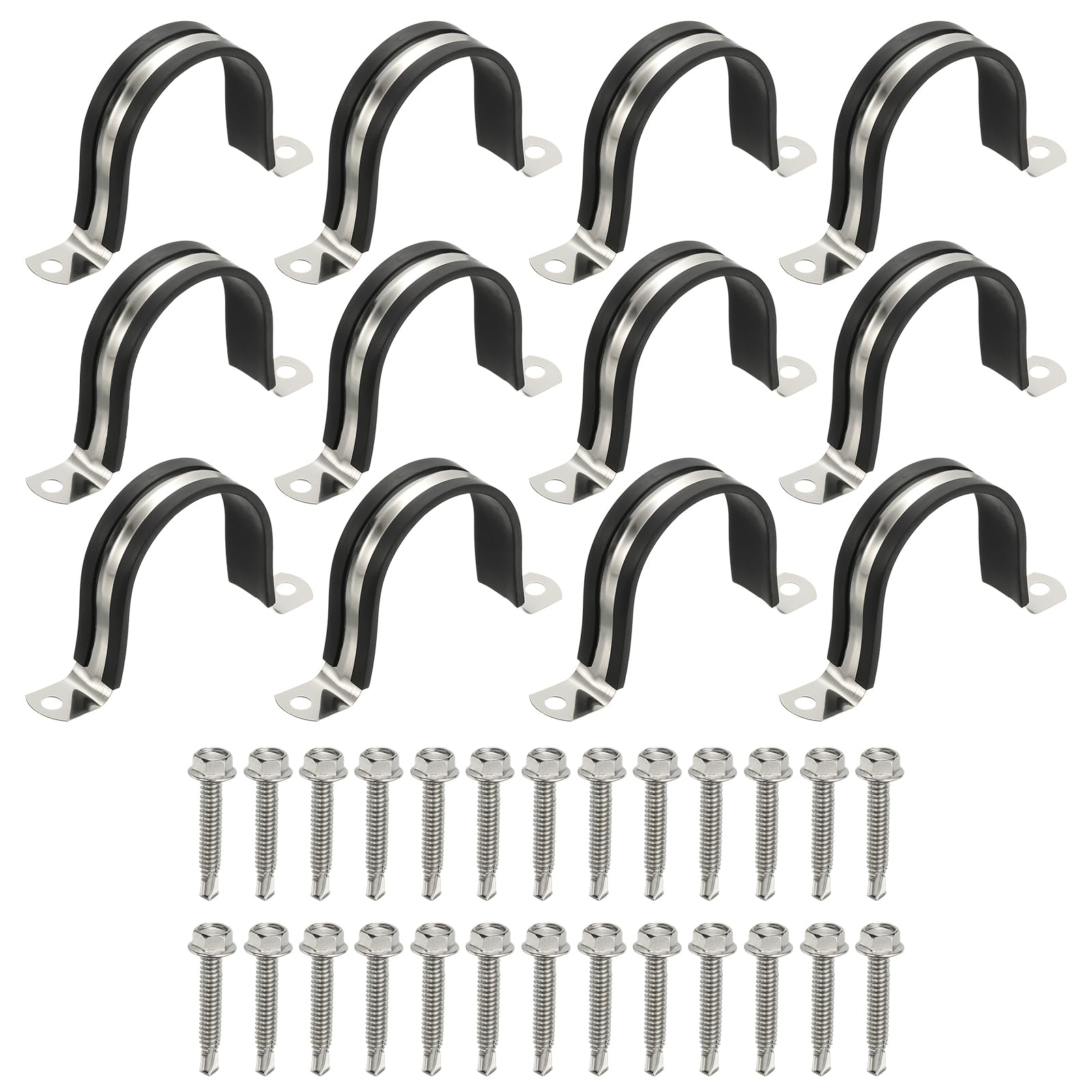 PATIKIL 12Pcs Pipe Clamps, 2-3/16 Inch 304 Stainless Steel Rubber Cushioned U Bracket Conduit Clamps Pipe Strap Wire Clips with Hexagonal Screw for Tube Hose Cord Installation, 55mm