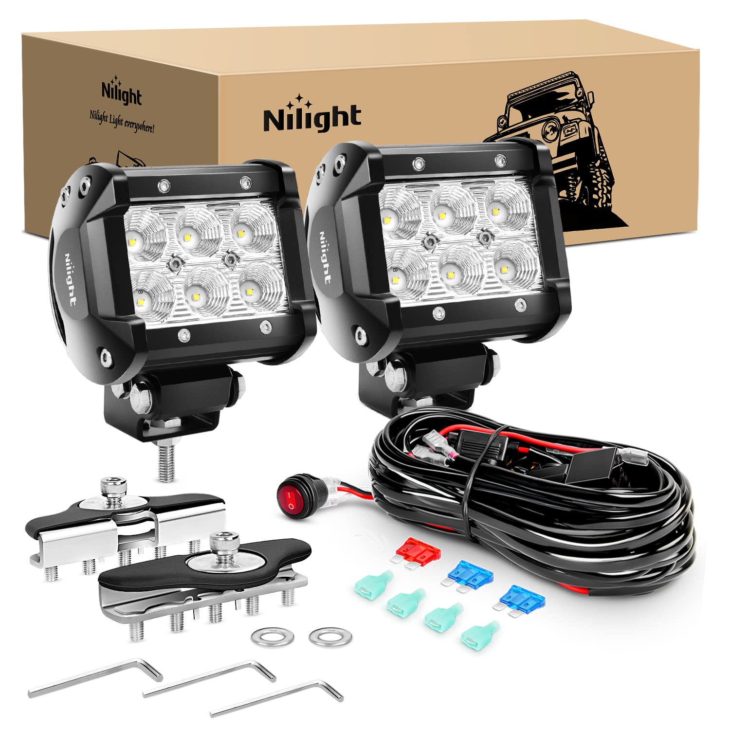 Nilight 2PCS 4Inch 18W Flood LED Pods Universal Adjustable Pillar Hood Off Road Led Work Light with Mount Bracket Wiring Harness-2 Leads, 2 Years Warranty