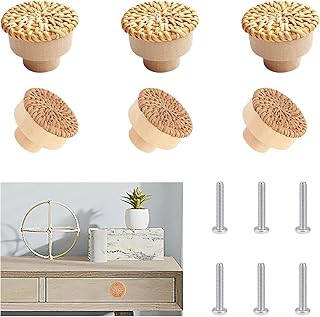 U-Vathing 6pcs Rattan Drawer Knobs, 1.57in/4cm Boho Rattan Dresser Knobs Wood Drawer Knobs Handmade Woven Boho Wicker Knobs, Boho Furniture Knobs Cabinets Dresser Handles Hardware Pulls Cabinet Knobs
