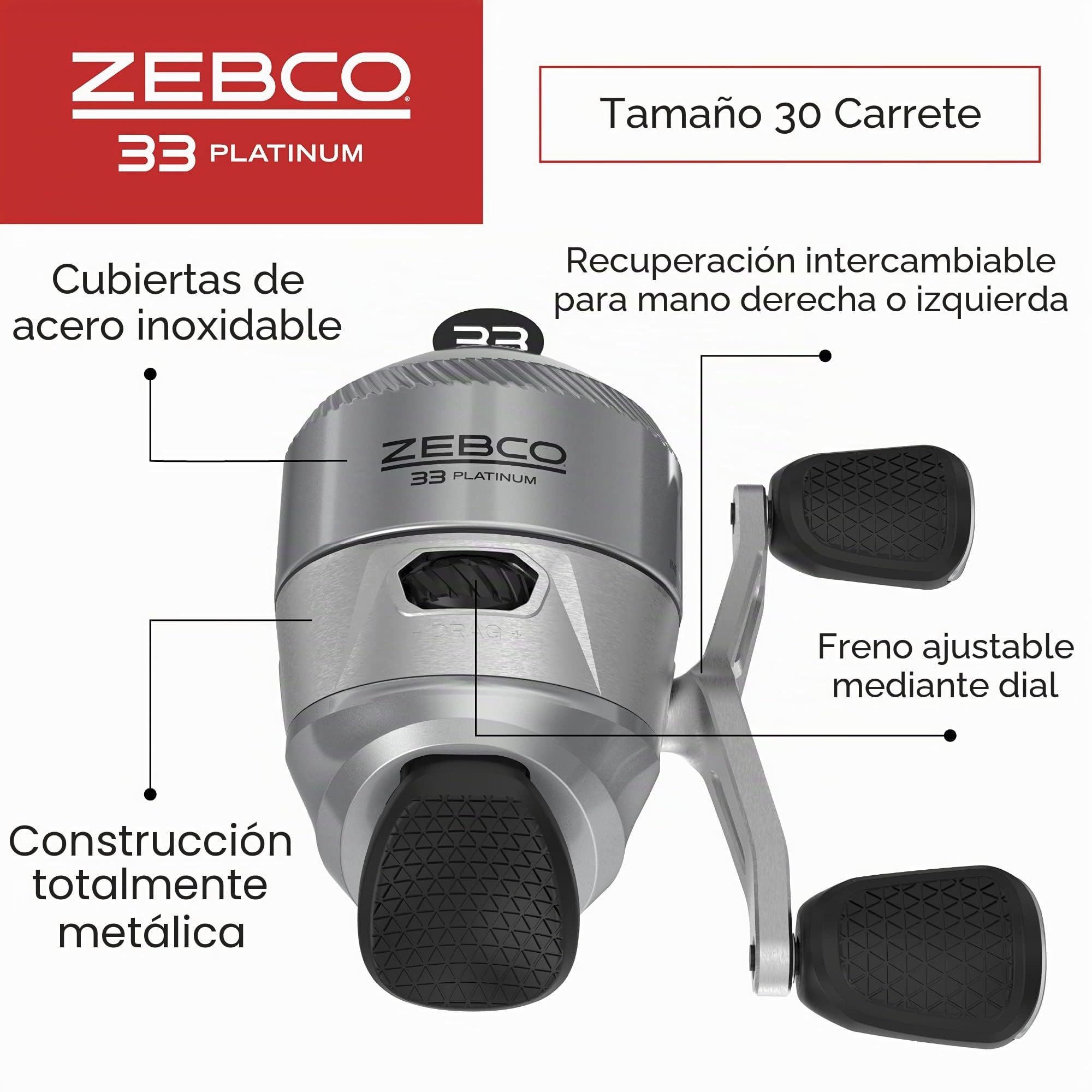 Zebco 33 Platinum Spincast - Carrete de Pesca, tamaño 30, recuperación de Mano Derecha o Izquierda, relación de Engranaje 4.7:1, preenrollado con línea Zebco Cajun de 10 Libras, Plateado