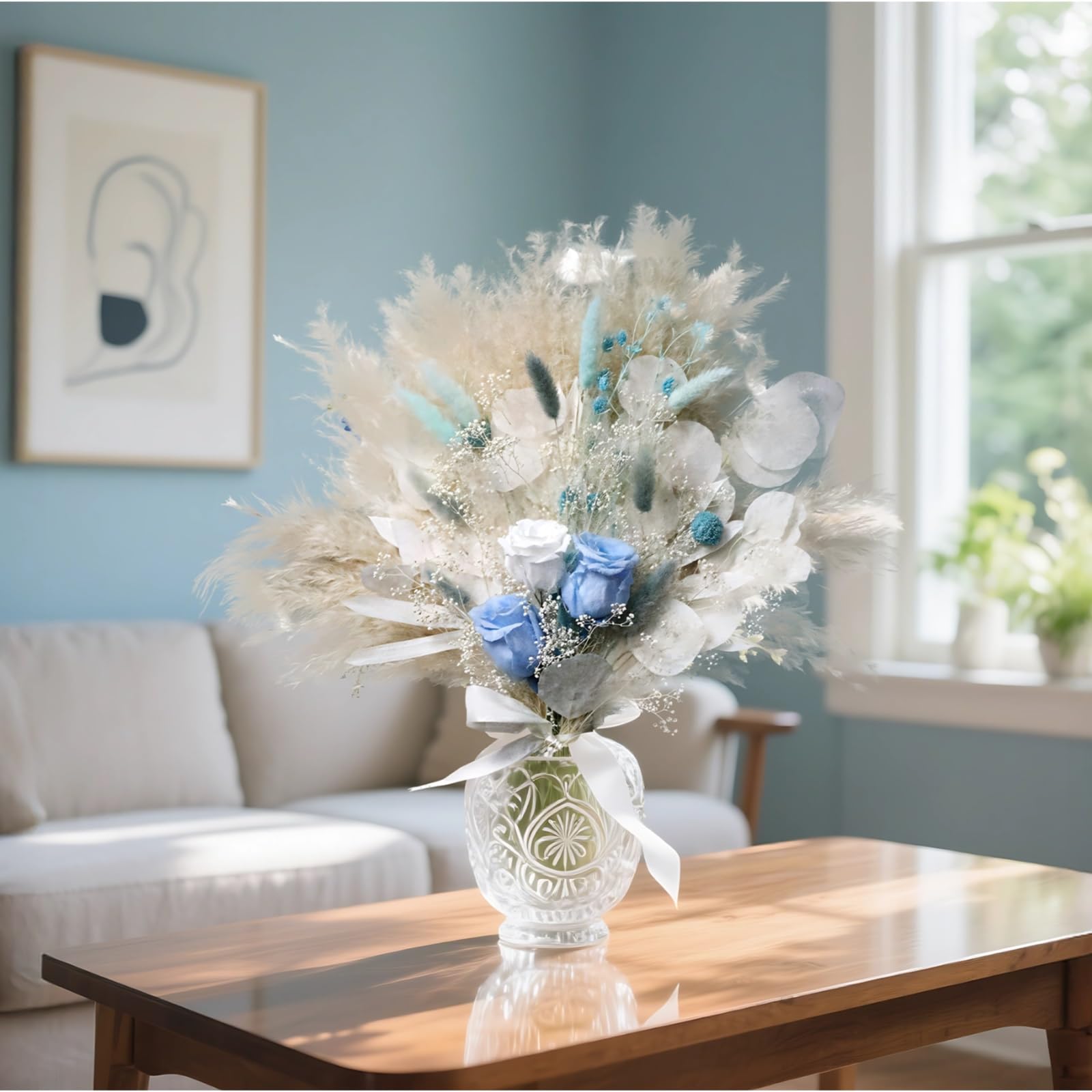 Trockenblumenstrauß mit blauen und weißen Rosen, Pampasgras, Eukalyptusblättern und Dekorband, Elegantes Blumenarrangement für Hochzeiten, Wohnen, Deko und Geschenke