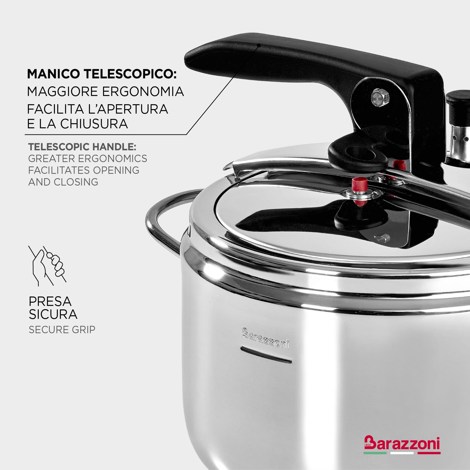 Pentola a pressione ø 22 cm - 5lt, Acciaio Inox 18/10, Con bloccaleva, Adatta a tutti i piani cottura induzione compresa, Made in Italy, Linea Basic