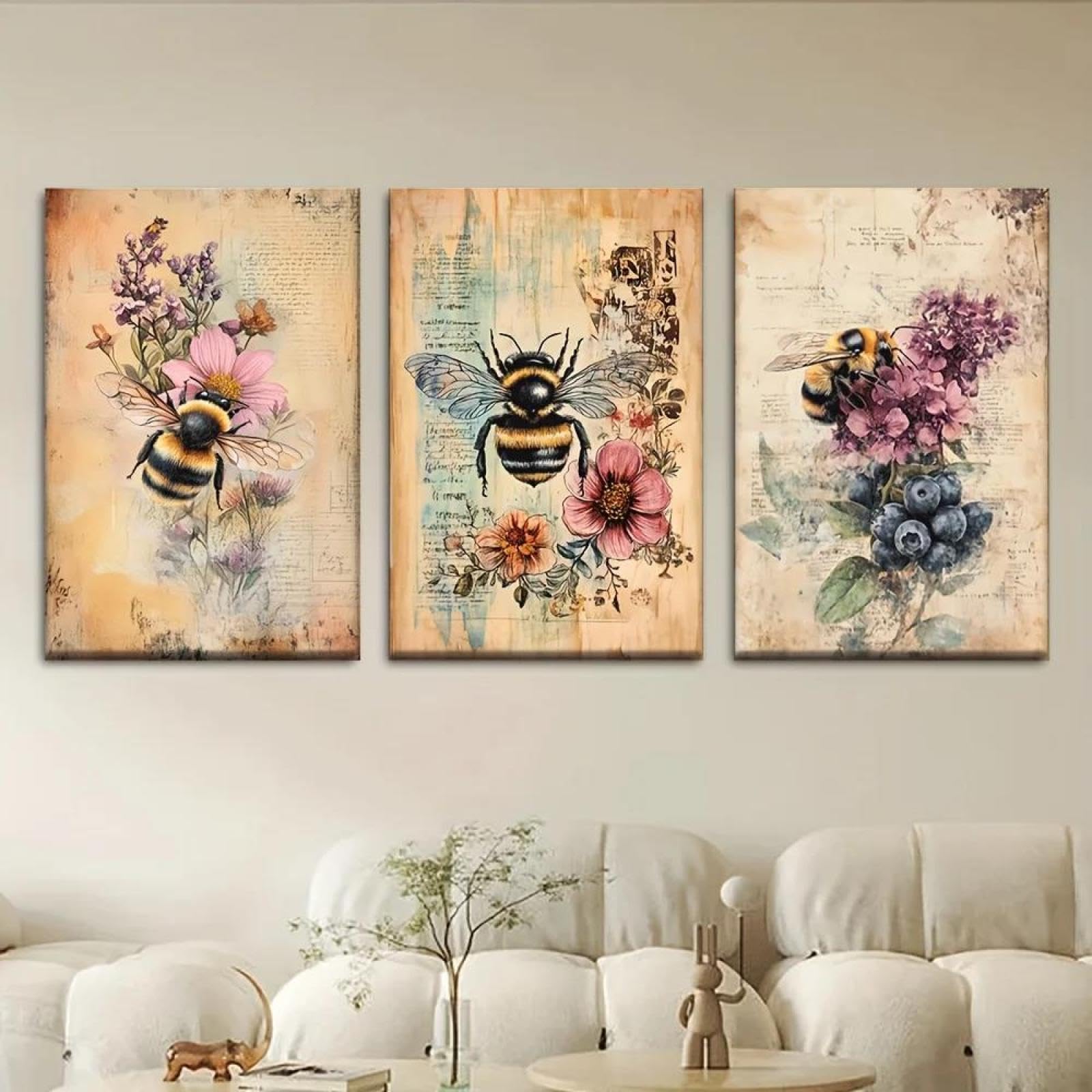 Baibexing Vintage Bees Botanical Flower Canvas Painting Poster Prints Wall Art Picture For Living Room Home Decor 50X70Cmx3Pcs Unframed