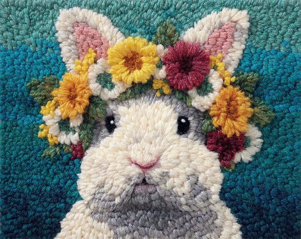 Kitquiver DIY Latch Hook Rug,Rabbit Wearing A Flower Wreath,Crochet Kits Embroidery Kits Home Carpet Rug Making Canvas,Needlework Crafts for Home Decor 31X45In