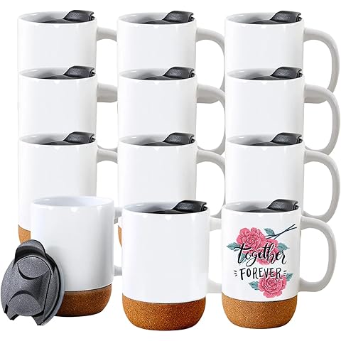 Sublimation Mugs Set of 12, 15 oz Ceramic Coffee Cups with Handle and bottom cork p...
