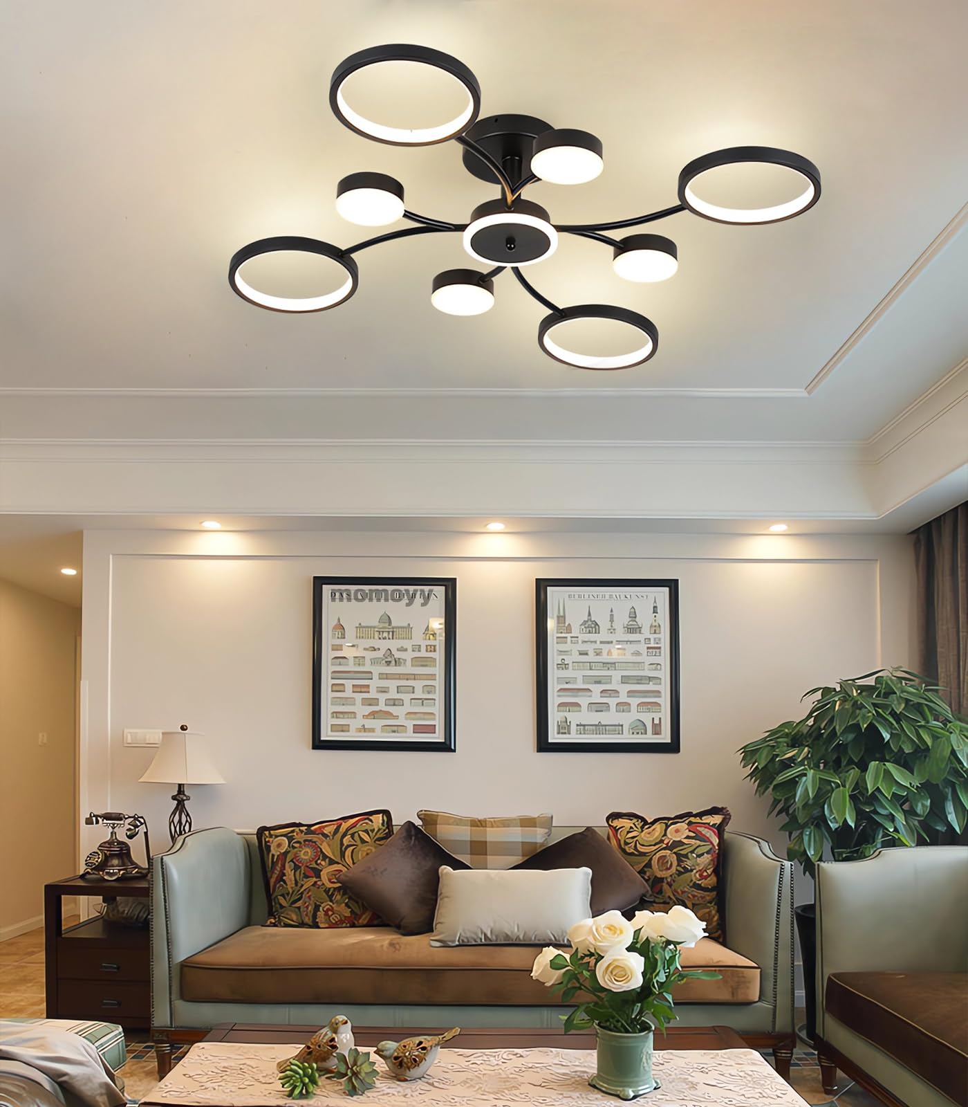 Modern LED Living Room Lights,Black LED Ceiling Lights,90w Bedroom Lights with Remote Control,Round Dimmable Ceiling Lamps,3000-6000k Suitable for Dining Room Kitchen Lighting (8+1)