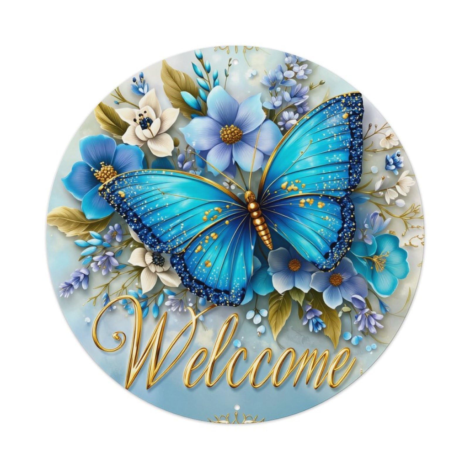 Butterfly Floral Welcome Design Art Round Tin Sign Retro Metal Sign for Cafe Bar Pub Home Game Room Gym Club Wall Decoration Vintage Metal Poster 8x8 Inch