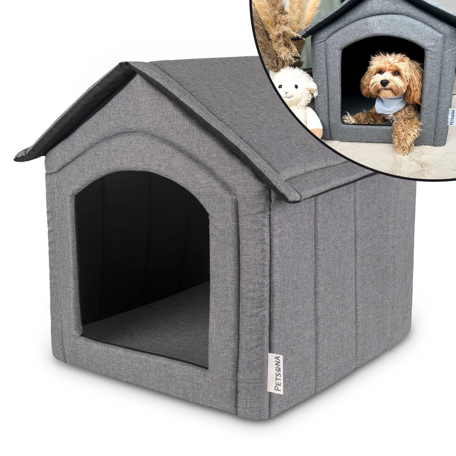 Petsona Pet House For Dogs Cats Foldable Shelter Bed For Animals Waterproof Washable With Removable Cushion Size L, Grey