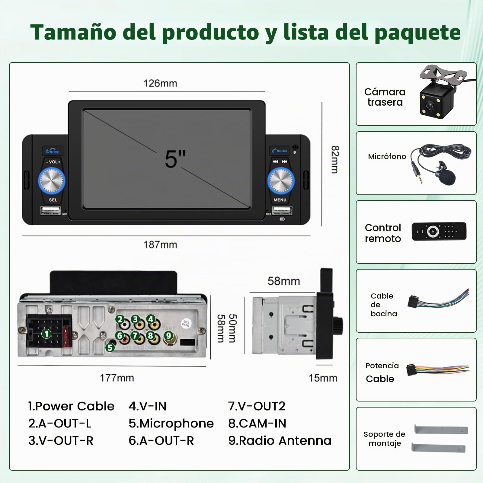 Hikity 5" 1 DIN CarPlay Radio Coche con Bluetooth FM Cámara Trasera | Pantalla Táctil Android Auto Mirror Link Control del Volante Manos Libres USB AUX Tarjeta TF