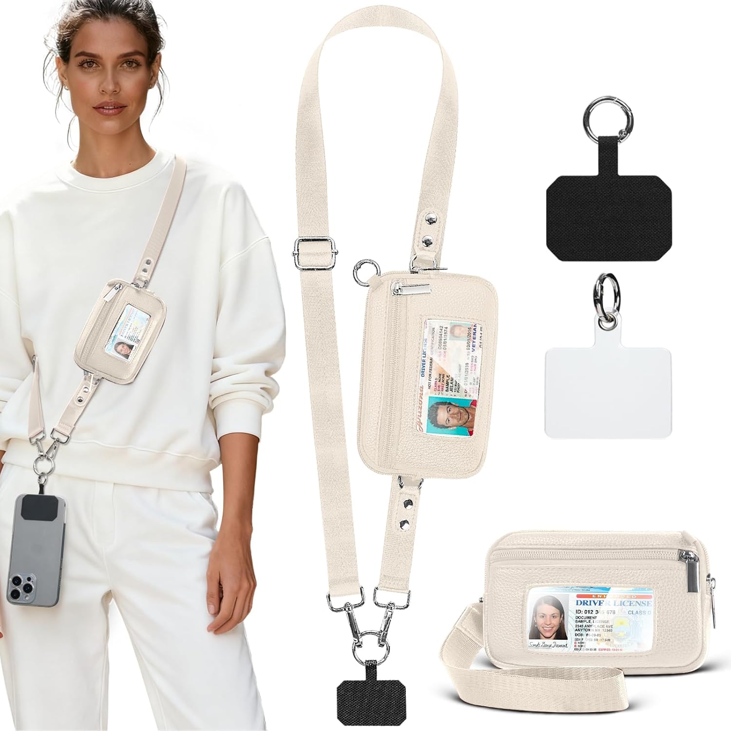 Cell Phone Lanyards & Wrist Straps with Wallet (Beige, Soft Leather)