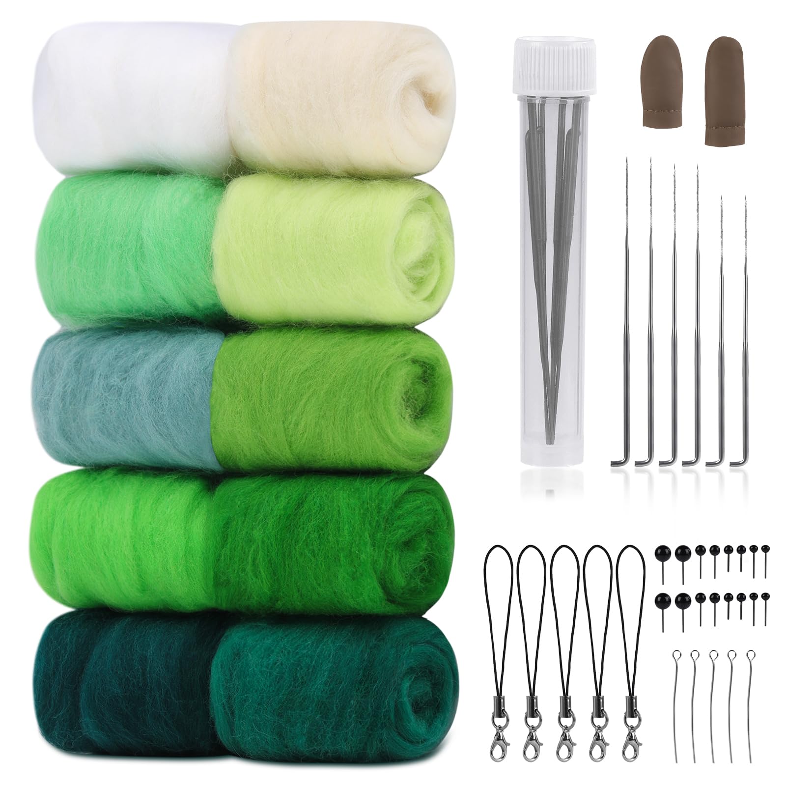 10 Colours Wool 100 g de lana de fieltro, juego de fieltro de aguja con lana roving en serie verde, lana para fieltro con agujas, kit de fieltro con agujas de fieltro, juegos de fieltro de aguja para