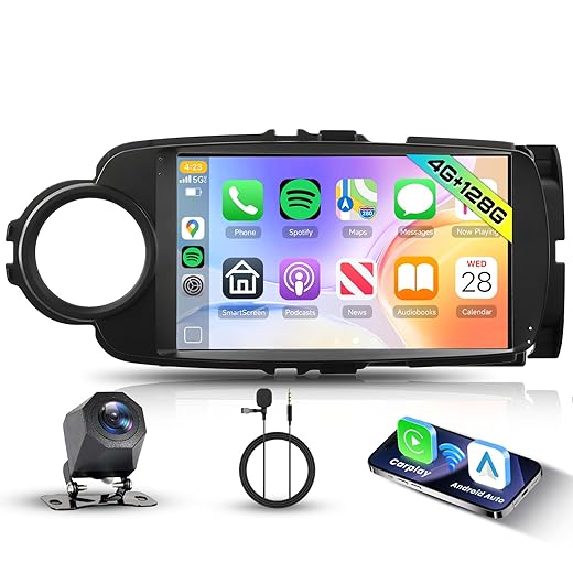 Hodozzy Radio 4G+128G for Toyota Yaris 2012-2017 with Wireless Carplay Wireless Android Auto, 9 Inch Incell Touch Screen Double Din Car Stereo with GPS Navigation Bluetooth DSP, WiFi, FM RDS, Camera