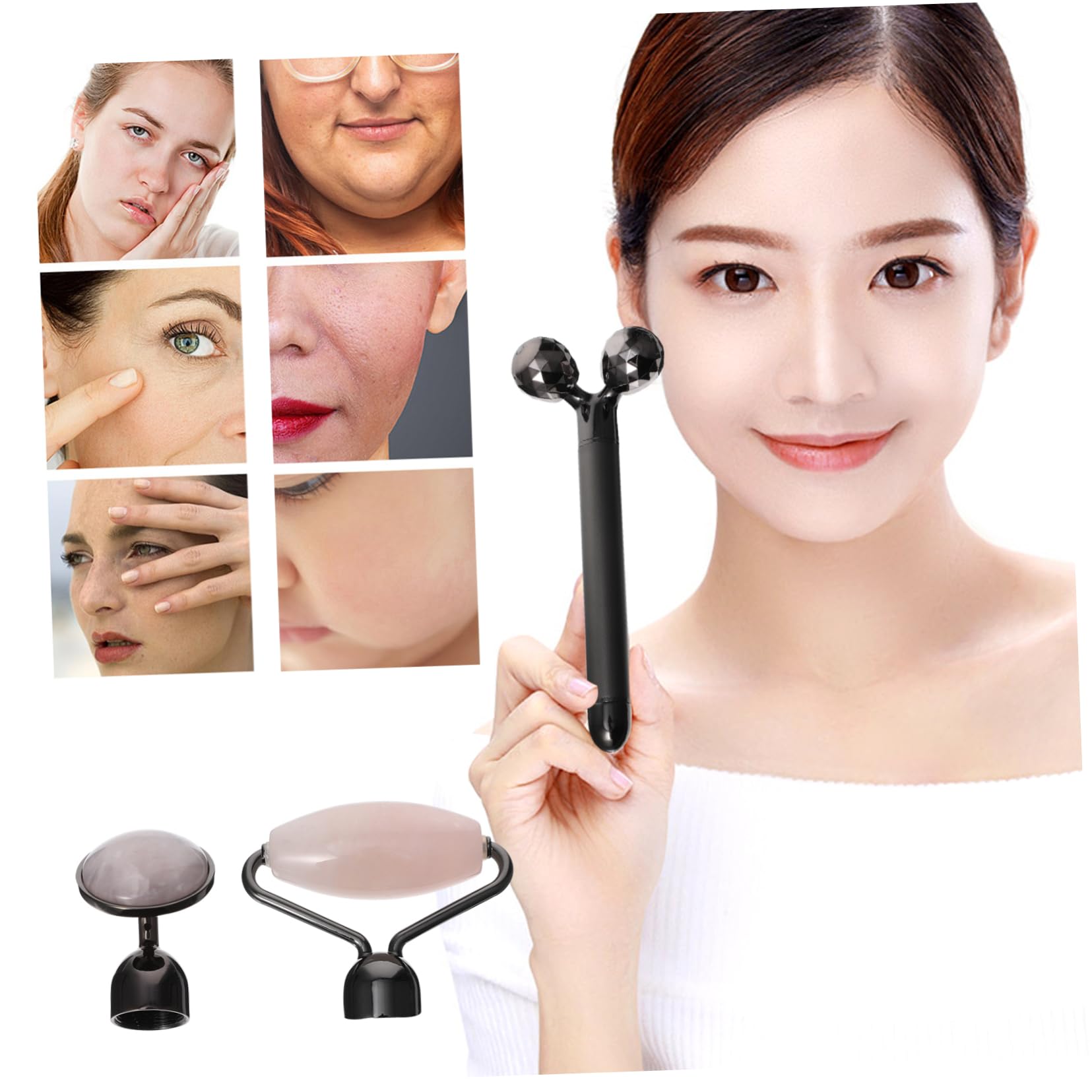 Healeved Rouleau de Massage Facial en Poudre de Pierre Naturelle et Alliage de Zinc, Appareil Multifonction pour Lisser les Ridules, 1 Set, Femme